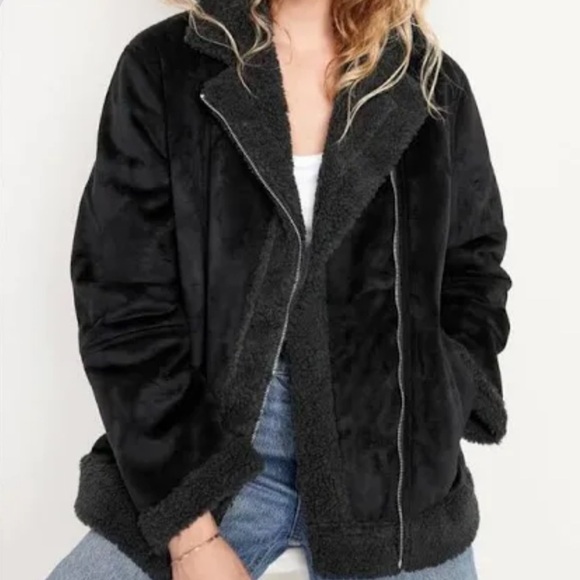 Women’s Old Navy Faux-Suede Sherpa-Lined Moto Jacket - Black - Picture 1 of 13